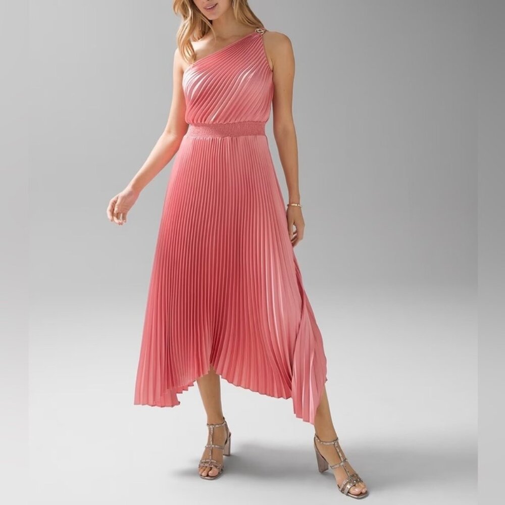 NW/OT White House Black Market One-Shoulder Pleated Midi Dress Peach Dahlia